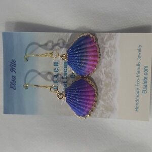 1568- Shell Hand Painted Purple Pink Gold Color Dangle Earrings Handmade NWT